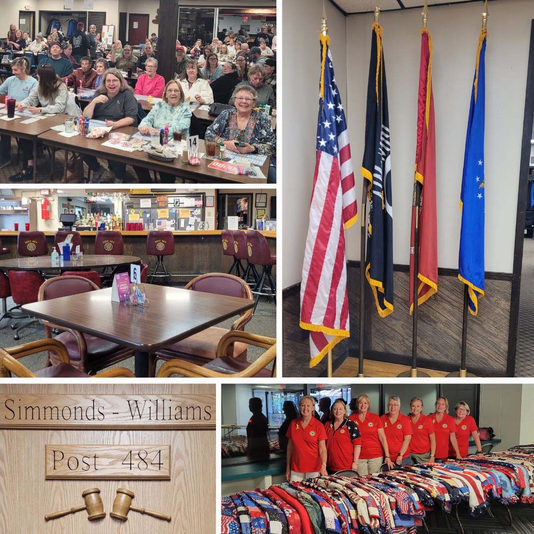 American Legion Post 484 collage of photos showing the interior of the building, including the dining area, flags, and tables filled with people playing bingo